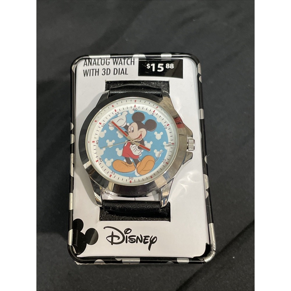 Disney Mickey Mouse Analog Watch Black Strap w/ Tin MZ Berger